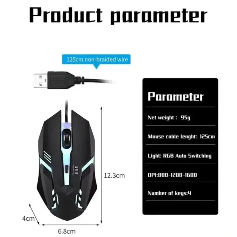 Laptop Mouse - 다채로운 색상의 3버튼 LED e스포츠용 유선